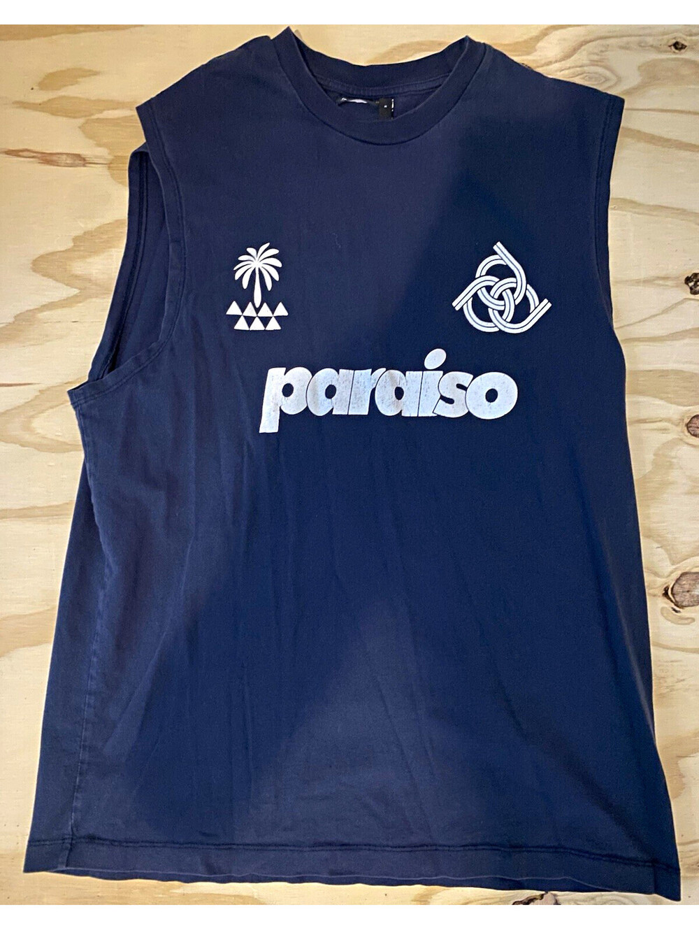 Zara Men’s Navy Sleeveless Graphic Print Crew Neck Knit Logo T-Shirt Size S
